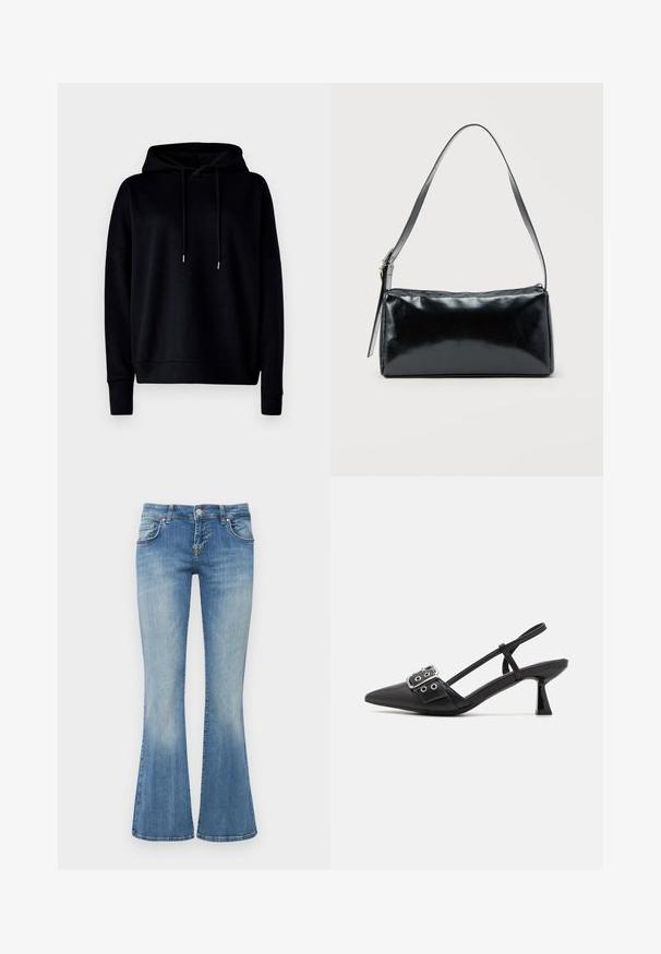 Sort hætte sweatshirt lavet af blødt stof, med afslappet pasform, ribbede manchetter og justerbare snore. Glat overflade uden mønstre.; LTB ROXY - Flared jeans - vicky wash; Simmi London DALA - Pumps - black; Sort rektangulær skuldertaske med en enkelt justerbar rem og lynlås i toppen på en ensfarvet baggrund.