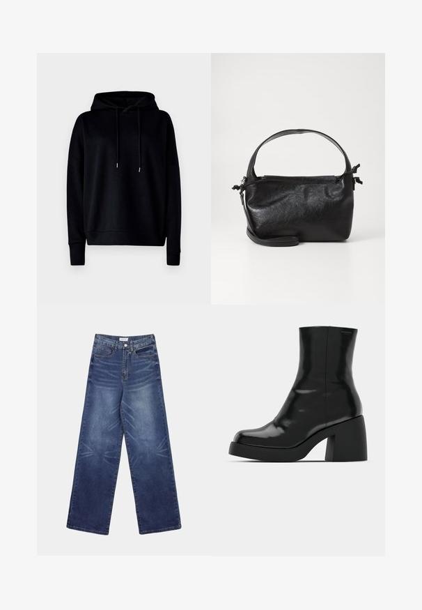 Sort hætte sweatshirt lavet af blødt stof, med afslappet pasform, ribbede manchetter og justerbare snore. Glat overflade uden mønstre.; Vidbenede denimjeans i mørkeblå, med høj talje, tydelige falmninger foran og klassisk femlomme-design.; Sorte ankelstøvler med en blank finish, firkantet tå og en tyk blokhæl. Designet har en strømlinet silhuet og minimal branding.; Sort læderhåndtaske med et struktureret design, rund tophåndtag og aftagelig skulderrem. Den har en glat tekstur og en subtil glans.