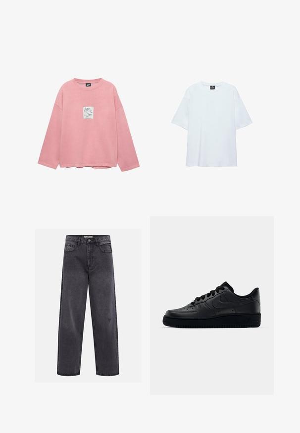 Sweatshirt rose à manches longues avec une coupe décontractée, dotée d'un patch carré avec texte manuscrit sur la poitrine et une texture douce en coton.; T-shirt blanc uni oversize à manches courtes avec col rond et étiquette noire à l'intérieur du col sur fond blanc.; Jean denim noir coupe droite avec fermeture à boutons, passants pour ceinture et cinq poches.; Baskets Nike Air Force 1 noires avec un dessus en cuir lisse, bout perforé pour la respirabilité, lacets noirs et semelle en caoutchouc texturé.
