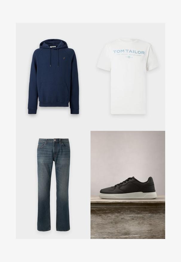 Sweat à capuche côtelé bleu marine avec poche kangourou à l'avant, capuche à cordon de serrage et petit emblème brodé sur le côté gauche de la poitrine.; T-shirt en coton blanc avec un imprimé bleu clair indiquant "TOM TAILOR", "THE CASUAL DEPARTMENT" et "1962". Col rond classique et manches courtes.; Jean en denim bleu foncé avec une coupe droite. Les caractéristiques incluent cinq poches, des coutures contrastées, et une fermeture à bouton et fermeture éclair à l'avant.; Baskets noires avec semelle blanche suspendues au-dessus d'un banc en bois, avec un feuillage vert en arrière-plan flou.