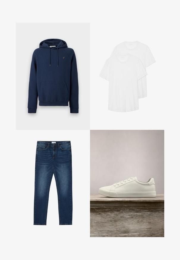 Sweat à capuche côtelé bleu marine avec poche kangourou à l'avant, capuche à cordon de serrage et petit emblème brodé sur le côté gauche de la poitrine.; Deux T-shirts blancs à manches courtes en coton, dotés d'un col rond, d'une texture douce et d'un design simple et sans ornement.; Jean slim-fit bleu foncé avec des détails délavés, design classique à cinq poches, fermeture à bouton et passants de ceinture.; Sneaker en dentelle blanche flottant au-dessus d'un banc en bois avec un feuillage vert en arrière-plan, mettant en valeur le design et la texture de la chaussure.