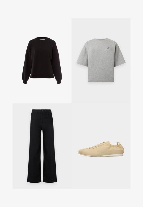Zwarte sweatshirt van zacht materiaal, met een ronde hals, verlaagde schouders en geribde manchetten, met een ontspannen pasvorm.; Lichtgrijs T-shirt met korte mouwen en ronde hals met een klein donkerblauw schrijflogo op de linkerborst.; Zwarte high-waist wijde jeans met steekzakken aan de voorkant en achterkant, knoop- en ritssluiting, afgebeeld tegen een witte achtergrond.; Beige leren lage sneakers met veters aan de voorkant, elastische boord, trekkoord aan de hiel en een witte geribbelde zool op een effen achtergrond.