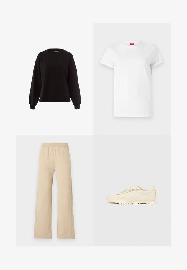 Schwarzer Sweatshirt aus weichem Material, mit rundem Halsausschnitt, überschnittenen Schultern und gerippten Bündchen in einem lässigen Schnitt.; Weißes Kurzarm-T-Shirt aus leichtem Baumwollstoff. Hat einen runden Halsausschnitt und umgeschlagene Ärmel. Rotes Logo-Tag am Kragen.; Beige Hosen mit weitem Bein, elastischem Bund und minimalen Nahtdetails, vor einem einfarbigen hellen Hintergrund präsentiert.; Niedrig geschnittener, cremefarbener Sneaker mit wellenförmiger Naht, Schnürverschluss und einer profilierten Sohle, seitlich auf einem einfarbigen Hintergrund dargestellt.