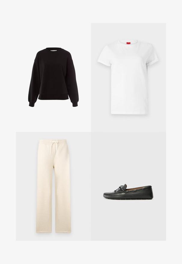 Schwarzer Sweatshirt aus weichem Material, mit rundem Halsausschnitt, überschnittenen Schultern und gerippten Bündchen in einem lässigen Schnitt.; Weißes Kurzarm-T-Shirt aus leichtem Baumwollstoff. Hat einen runden Halsausschnitt und umgeschlagene Ärmel. Rotes Logo-Tag am Kragen.; Cremefarbene Jogginghosen aus weichem Material, mit einem elastischen Bund und einem Kordelzug, weitem Bein und ohne sichtbare Muster.; Schwarze Lederbootsschuhe mit rundem Zehenbereich, gestickten Details, kleinem Schleifenakzent und Gummisohle. Glatte Textur und schlankes Design.