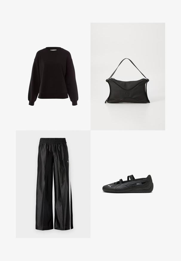 Sudadera negra hecha de material suave, con cuello redondo, hombros caídos y puños acanalados, con un diseño de corte relajado.; Pantalones deportivos negros de pierna ancha con cintura elástica y una franja blanca lateral que presenta un pequeño logo de Puma en el muslo izquierdo.; Zapatilla atlética sintética negra con diseño texturizado, cortes abiertos, dos correas elásticas y un logotipo blanco en contraste en la puntera.; Bolso negro con un material suave y texturizado. Presenta un diseño ondulado, una correa para el hombro y un sutil detalle del logo en la parte frontal.