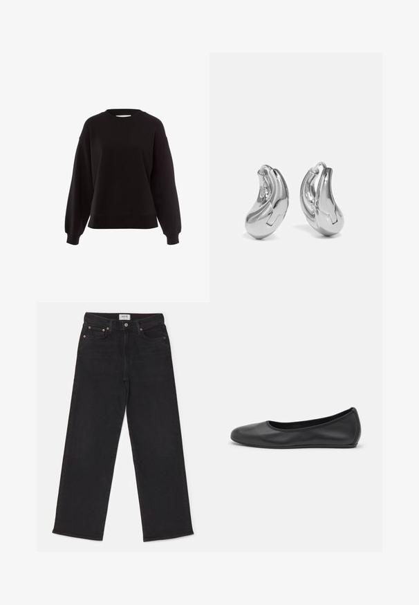 Schwarzer Sweatshirt aus weichem Material, mit rundem Halsausschnitt, überschnittenen Schultern und gerippten Bündchen in einem lässigen Schnitt.; Schwarze weit geschnittene Jeans aus Denim. Mit Knopfverschluss, Fünf-Taschen-Design und subtiler Ausbleichung. Das Etikett trägt die Aufschrift "AGOLDE."; Schwarze Leder-Ballettschuhe mit abgerundeter Spitze, glatter Textur, minimalen Nähdetails und einem flexiblen Sohlen-Design.; Silberne Creolen mit einer gebogenen, glänzenden Oberfläche und einem nahtlosen Design. Verfügt über einen Scharnierverschluss für sicheren Halt.