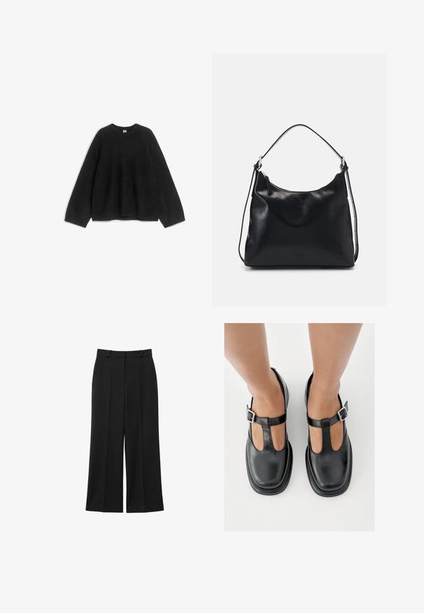 Pull en maille noir, col rond, manches longues, coupe décontractée, texture douce, sans motifs ni accents visibles. Convient pour une tenue décontractée.; Pantalons larges noirs en tissu lisse, avec des plis avant, des poches latérales et une taille cintrée pour un ajustement structuré.; Chaussures en cuir noir avec un design à bride en T, bout fermé et accents de boucles argentées. Texture lisse avec un bout arrondi et une semelle plate.; Une jeune femme aux longs cheveux noirs est assise sur un bloc en bois, vêtue d'une tenue crème, tenant un sac à bandoulière en cuir noir croisé sur la poitrine.