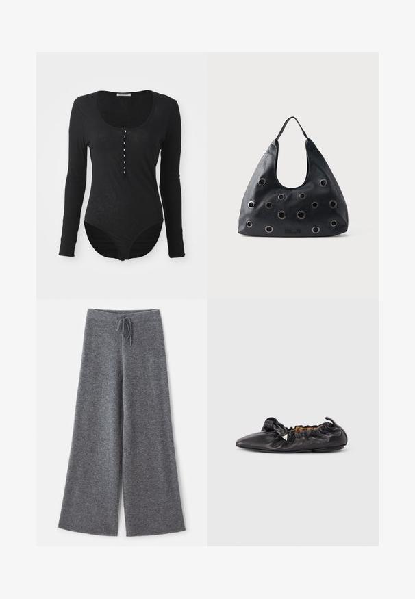 Body noir à manches longues en tissu doux et léger. Il présente un col rond et une fermeture à boutons sur le devant avec six boutons blancs.; Pantalons larges gris en tissu tricoté doux avec une taille élastique à cordon, mettant en valeur une surface texturée et des bords nets.; Ballerine plate en cuir noir froncé avec bout pointu et petite décoration triangulaire métallique sur le côté, semelle plate.; Sac à bandoulière en cuir noir avec de grands œillets métalliques circulaires espacés régulièrement sur le devant et une seule bandoulière.