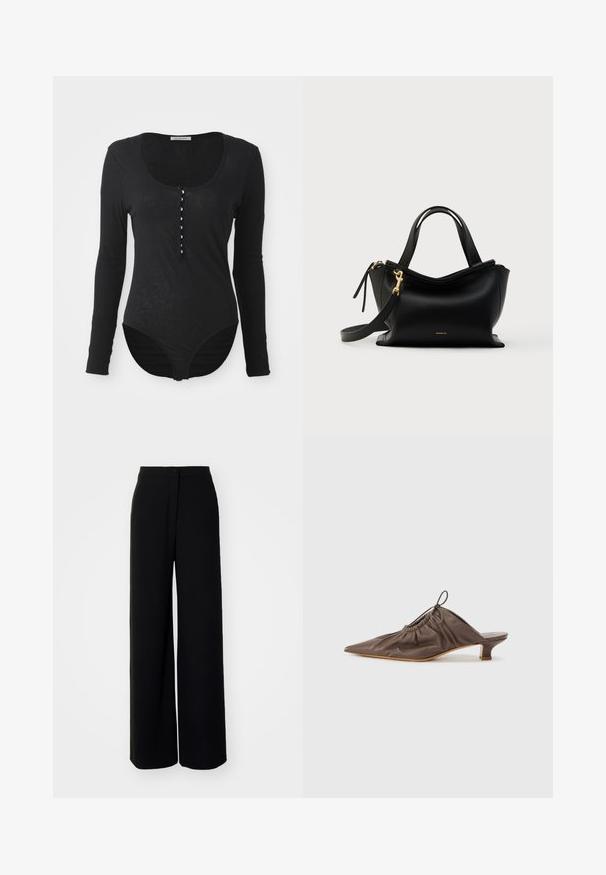 Body noir à manches longues en tissu doux et léger. Il présente un col rond et une fermeture à boutons sur le devant avec six boutons blancs.; Pantalons larges noirs à taille haute, en tissu lisse, avec fermeture à bouton à l'avant et sans poches visibles, offrant une coupe tailleur.; Mule en cuir marron avec un bout pointu, texture froncée, petit talon et un accent de cordon de serrage à l'ouverture. Fini lisse.; Sac à main en cuir noir avec design courbé, ferrures dorées, poignées courtes et bandoulière amovible. Caractérisé par une texture lisse et un détail de logo.