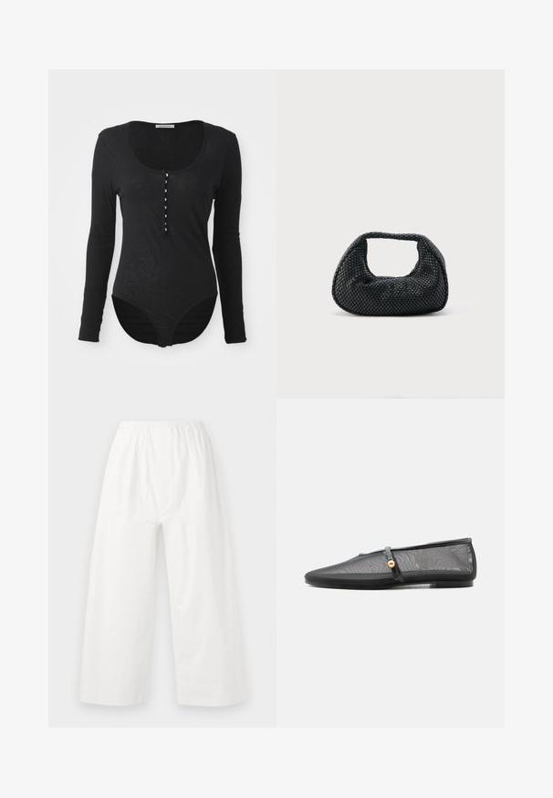 Body noir à manches longues en tissu doux et léger. Il présente un col rond et une fermeture à boutons sur le devant avec six boutons blancs.; Un pantalon blanc à jambes larges avec une taille élastique. Fabriqué en tissu léger, il présente des lignes épurées et une surface lisse, sans texture.; Chaussure plate noire avec un petit talon, tige en mesh et fine bride avec détail bouton doré sur le cou-de-pied.; Sac hobo tissé noir avec une structure souple et une poignée intégrée, présenté sur un fond clair uni.