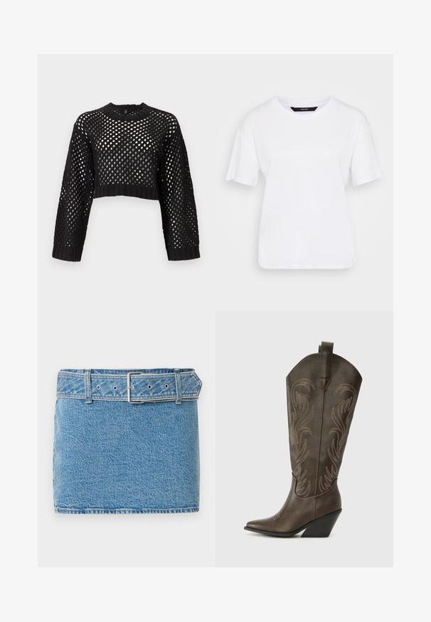 Pull noir court avec un design en maille ouverte, manches longues, poignets et ourlet côtelés, présentant un col rond et une surface texturée.; T-shirt blanc à manches courtes en coton. Présente un col rond et une coupe décontractée, avec un design simple et sans motifs ni accents visibles.; Abercrombie & Fitch CLASSIC BELTED SCARLETTE MINI SKORT - Jupe en jean - blue denim; Botte de cowboy en cuir marron avec un embout pointu, un talon compensé et des broderies décoratives. Dispose d'un long tige et d'une languette de tirage.