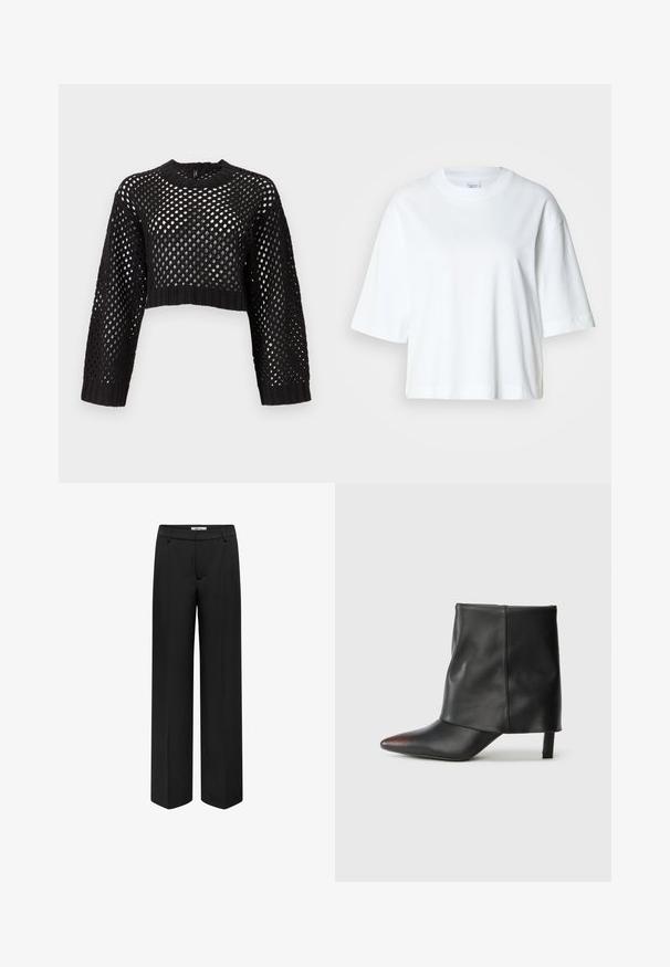 Pull noir court avec un design en maille ouverte, manches longues, poignets et ourlet côtelés, présentant un col rond et une surface texturée.; T-shirt blanc court à manches courtes, col rond, en coton doux, avec un design simple et épuré.; Pantalons larges noirs en tissu lisse, dotés d'une taille, de poches avant et d'une coupe ajustée. Pas de motifs ni d'accents visibles.; Bottine noire en cuir lisse avec un bout pointu et un talon effilé. La tige présente un design légèrement froncé.