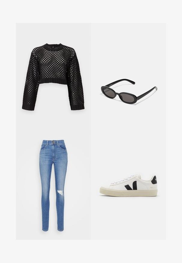 Pull noir court avec un design en maille ouverte, manches longues, poignets et ourlet côtelés, présentant un col rond et une surface texturée.; Jean bleu taille haute dans un lavage moyen, avec une coupe slim, genou déchiré avec une déchirure, design standard à cinq poches et fermeture éclair.; Baskets en cuir blanc avec un logo V en caoutchouc noir. Semelle texturée blanc cassé, lacets blancs et détail sur le talon arrière portant le nom de la marque en noir.; Even&Odd Lunettes de soleil - black