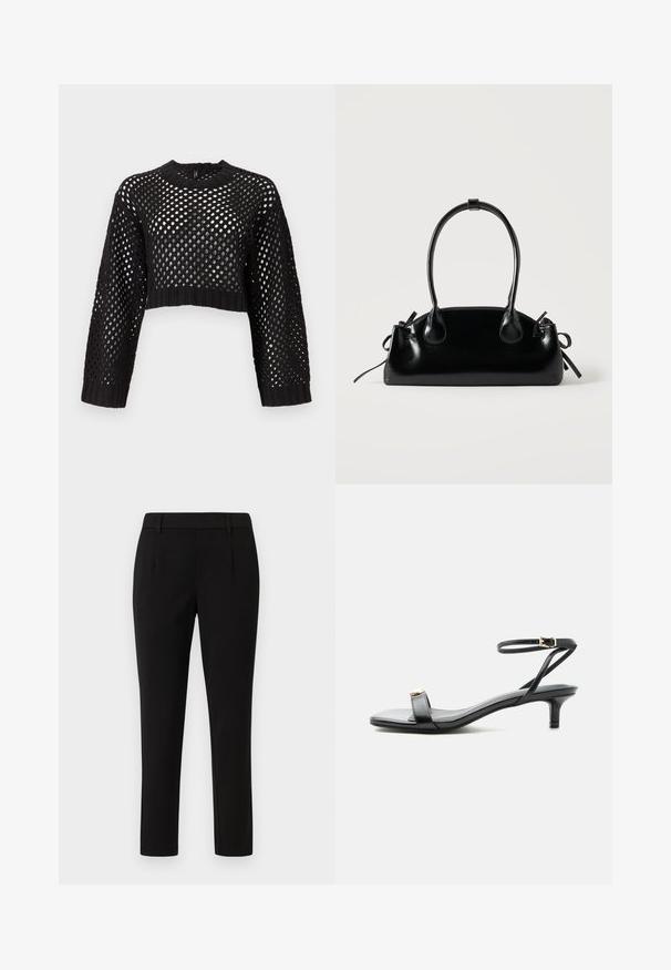 Pull noir court avec un design en maille ouverte, manches longues, poignets et ourlet côtelés, présentant un col rond et une surface texturée.; Pantalon noir ajusté avec une coupe droite, fabriqué dans un tissu lisse. Caractéristiques: devant plat, passants de ceinture, et sans poches.; Sandale noire en cuir à bout ouvert avec petit talon kitten, fine bride de cheville avec boucle dorée et accent décoratif doré sur la bride avant.; Petit sac à main noir brillant avec deux longues anses et des détails à cordon sur les côtés sur un fond clair uni.