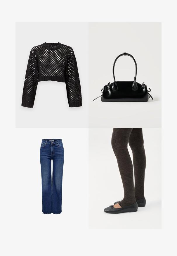 Sort cropped sweater med åben mesh-design, lange ærmer, ribbede manchetter og kant, med rund halsudskæring og struktureret overflade.; Jeans med høj talje og vide ben i mørkeblå denim, med knaplukning, fem lommer og kontrastsyninger.; Ben iført mørke ribbede leggings kombineret med sorte balletsko med små sløjfedetaljer på hvid baggrund.; Lille sort blank håndtaske med to lange håndtag og snøre-detaljer i siden på en ensfarvet lys baggrund.