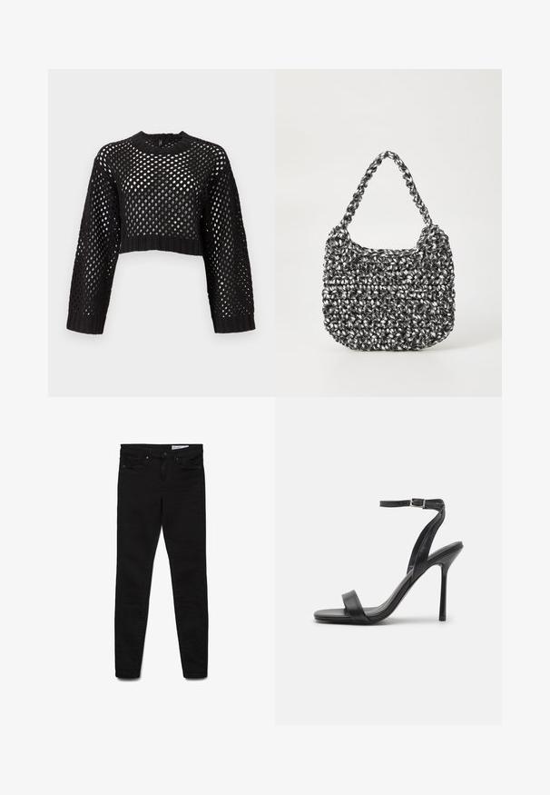 Pull noir court avec un design en maille ouverte, manches longues, poignets et ourlet côtelés, présentant un col rond et une surface texturée.; Jean skinny noir en tissu denim, présentant un design classique à cinq poches, une braguette zippée et des détails de couture subtils.; Sandale à talons hauts noire avec une fine sangle au niveau de la cheville et deux bandes à l'avant. Fabriquée en cuir lisse avec un bout pointu élégant et un talon aiguille.; Sac en osier noir et blanc de forme arrondie, avec une surface texturée et une poignée tressée. Convient à un usage décontracté.