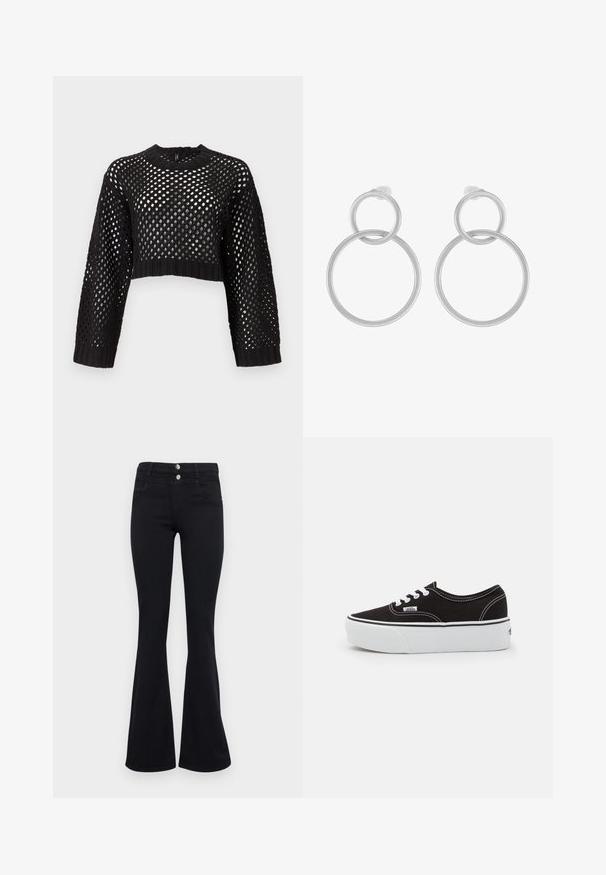 Sort cropped sweater med åben mesh-design, lange ærmer, ribbede manchetter og kant, med rund halsudskæring og struktureret overflade.; ONLY ONLRAIN FLARED - Flared jeans - washed black; Sort lærred sneakers med en hvid gummi platform sål, der har hvide snørebånd og syninger, ikonisk branding på siden, lav-top design.; Sølv metal øreringe med to sammenflettede cirkler, en større og en mindre, med børstet finish og push-back låse.
