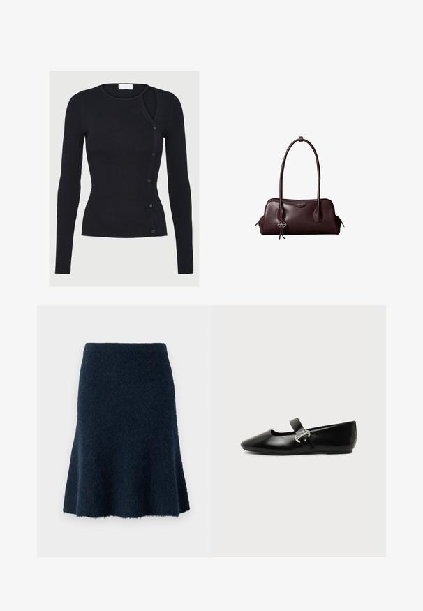 Haut noir à manches longues à côtes avec un décolleté américain, présentant un design asymétrique unique et une série de boutons assortis sur un côté.; Jupe en laine marine avec une texture douce et duveteuse, en forme de A évasée, et taille ajustée, présentant un léger éclat et une ligne d'ourlet propre.; Chaussure plate Mary Jane en cuir noir avec bout arrondi et bride à boucle argentée sur fond uni.; Sac à main en cuir brun foncé Calvin Klein avec de longues poignées doubles et un petit porte-clé logo suspendu à une poignée.