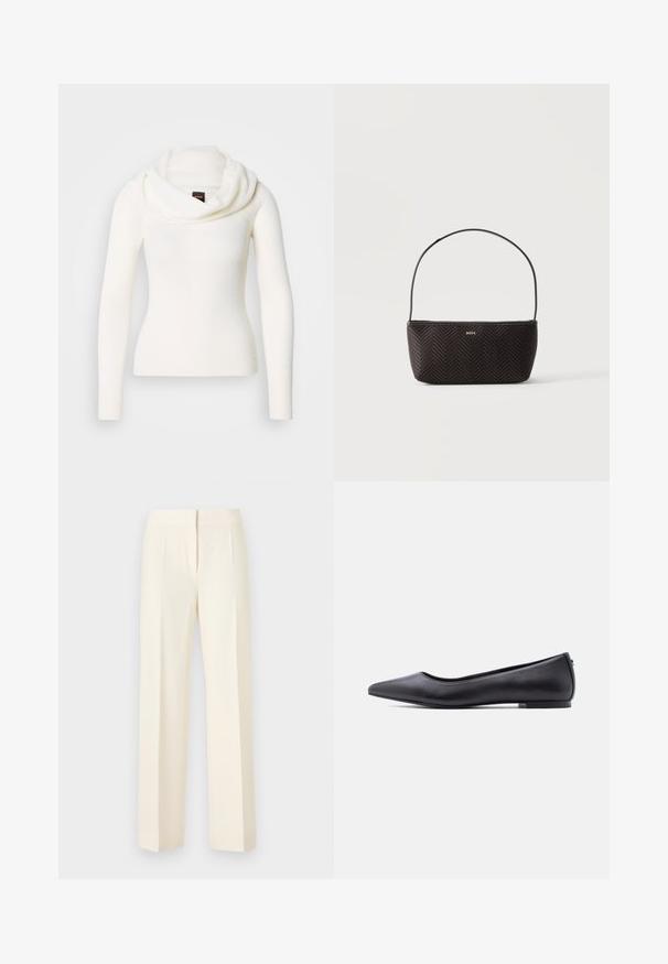 Pull blanc à manches longues avec un col bénitier. Confectionné dans un tissu doux et texturé. Présente une silhouette ajustée pour un look élégant.; Pantalon droit sur mesure couleur blanc cassé avec pli avant, ceinture et fermeture avant dissimulée sur un fond uni.; Chaussure plate en cuir noire à bout pointu avec petit talon, vue de profil sur fond blanc.; Sac à main noir tissé texturé avec une seule bandoulière et un petit logo doré "BOSS" au centre devant.