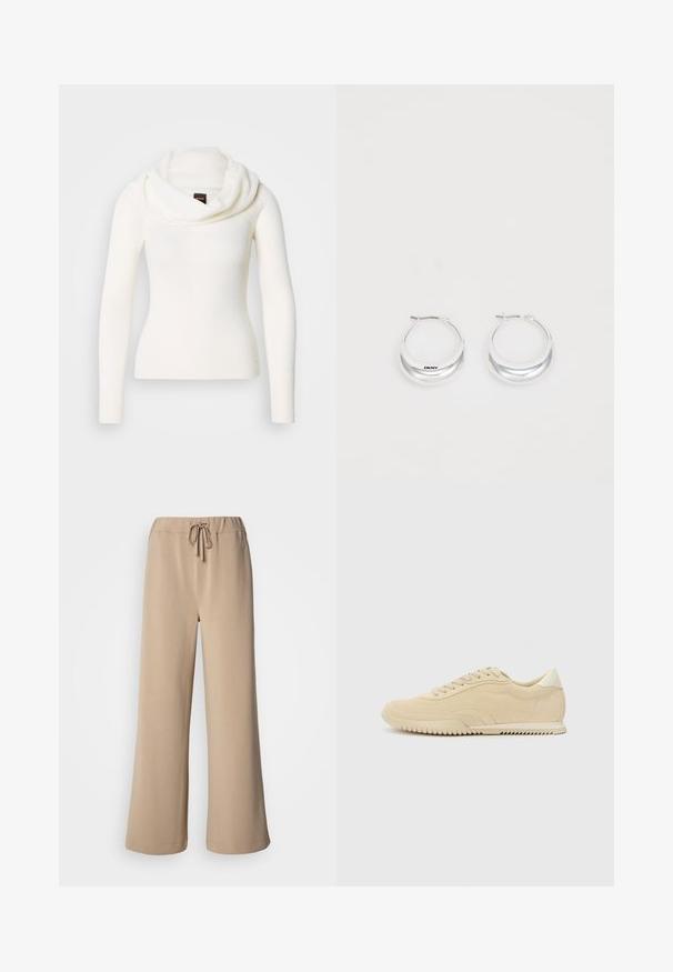 Pull blanc à manches longues avec un col bénitier. Confectionné dans un tissu doux et texturé. Présente une silhouette ajustée pour un look élégant.; Pantalon beige à jambes larges avec une ceinture élastique et un cordon de serrage. Confectionné dans un tissu doux à la texture lisse, avec un ourlet surpiqué.; Baskets en suede beige avec un design à lacets, dessus texturé, semelle en caoutchouc contrastante et un léger talon. Style minimaliste avec un branding subtil.; Boucles d'oreilles en argent avec une finition polie et un branding DKNY, présentées sur un fond blanc uni.
