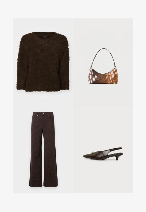Brun, fluffy sweater med v-hals, lange ærmer og en tekstureret overflade. Kantene er lige og let oversized. Ingen synligt hardware.; Brune brede jeans med et subtilt leopardmønster, fremstillet i denim med en glat tekstur og klassisk fem-lommer design.; Mørkebrunt læder slingback sko med spids snude, lav kittenhæl og gylden rund udsmykning på toppen mod hvid baggrund.; Skuldertaske med brun og hvid pletmønstret imiteret pels og en tynd sort rem, vist på en hvid baggrund.