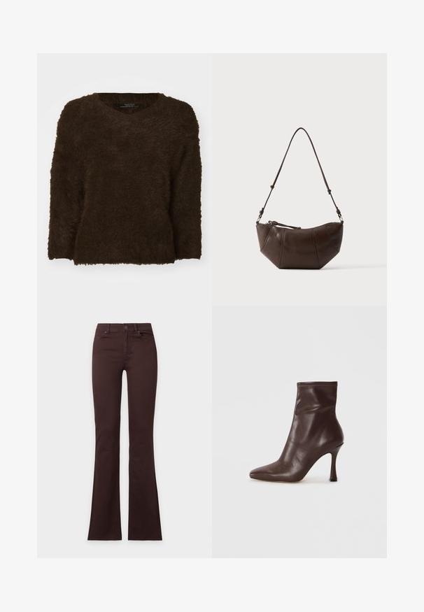 Brun, fluffy sweater med v-hals, lange ærmer og en tekstureret overflade. Kantene er lige og let oversized. Ingen synligt hardware.; Mørkebrune bootcut-jeans med knap og lynlåslukning, for- og baglommer, vist fladt på en ensfarvet hvid baggrund.; Brun læder ankelstøvle med spids tå og en slank stiletto hæl. Har en glat overflade og syet detalje omkring åbningen.; Brun læder skuldertaske med buet bund og justerbar rem mod en ensfarvet lys baggrund.