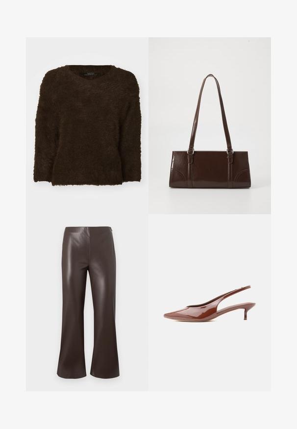 Brun, fluffy sweater med v-hals, lange ærmer og en tekstureret overflade. Kantene er lige og let oversized. Ingen synligt hardware.; Brune faux læder buks med vidde, højt liv og glat tekstur, der har et rent, skræddersyet design og brede benåbninger.; Blank brun slingback kitten heel med spids tå og lav, slank hæl på hvid baggrund.; Brun lakeret håndtaske med rektangulær form, to lange håndtag og subtile buede detaljer på fronten.