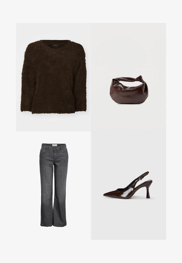 Brun, fluffy sweater med v-hals, lange ærmer og en tekstureret overflade. Kantene er lige og let oversized. Ingen synligt hardware.; Bredde ben jeans i mørkegrå denim. Har høj talje, traditionelt fem-lomme design og en ren kanten uden udsmykning.; Brune patenterede læderslingback-sandaletter med spids tå, en tynd hæl og justerbar rem med en lille spænde.; Mørkebrun læder skuldertaske med en blød, afslappet form og et snoet knudehåndtag på en ensartet hvid baggrund.