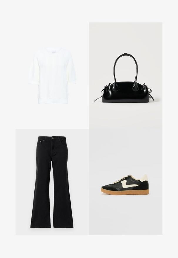 Kaffe KAWHITNEY - T-shirt basique - chalk; Jean en denim noir taille haute avec cinq poches et jambes évasées, affiché sur un fond blanc.; Baskets en daim et cuir noir avec un swoosh latéral crème et un talon crème clair. Dotées de lacets beige et d'une semelle en caoutchouc gomme.; Petit sac à main noir brillant avec deux longues anses et des détails à cordon sur les côtés sur un fond clair uni.