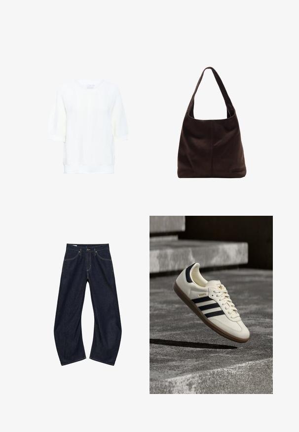 Kaffe KAWHITNEY - T-shirt basique - chalk; Jean denim bleu foncé à jambes larges avec poches avant, passants pour ceinture et fermeture bouton, posé à plat sur fond blanc.; Baskets blanches Adidas Samba avec des bandes noires et une semelle en gomme, flottant au-dessus de marches en béton gris texturé.; Sac à épaule en suède marron avec une large bandoulière plate. Design doux et non structuré avec une couture centrale. Pas de matériel ou d'ornements visibles.