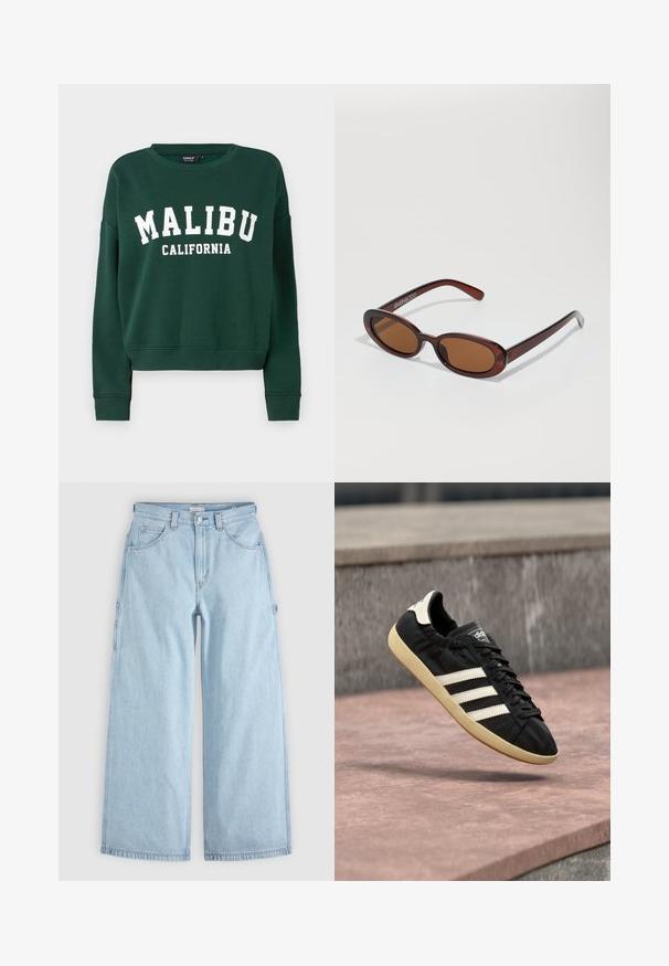 ONLY ONLSWEAT - Sweatshirt - pine grove; Jean en denim bleu clair à jambes larges avec poches avant, passants de ceinture et boucles latérales pour outils, posé à plat sur un fond gris.; Baskets Adidas noires avec des bandes blanches et une semelle beige, capturées en plein air au-dessus d'une surface en pierre et d'un mur en pierre en arrière-plan.; Lunettes de soleil rondes teinte brun avec une monture bordeaux brillante. Branches fines avec un détail de marque subtil. Design de verres plats.