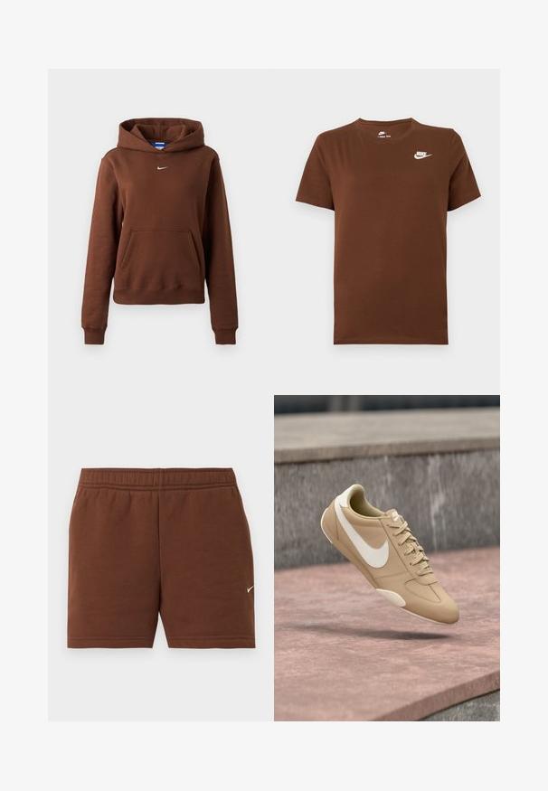 Καφέ φούτερ Nike με τσέπη καγκουρό, μικρό λευκό λογότυπο Swoosh στο στήθος, μακριά μανίκια και κουκούλα σε απλό φόντο.; Καφέ κοντομάνικη μπλούζα Nike με λευκό λογότυπο Nike στο αριστερό στήθος και στρογγυλή λαιμόκοψη, εμφανίζεται σε απλό φόντο.; Καφέ αθλητικές σορτς με ελαστική μέση και μικρό λευκό λογότυπο Nike στο δεξί πόδι, σε μονόχρωμο λευκό φόντο.; Μπεζ αθλητικό παπούτσι Nike με λευκό σήμα και κορδόνια, σε ενδιάμεση θέση στον αέρα πάνω από επιφάνεια από μπετόν και σκαλοπάτια στο φόντο.