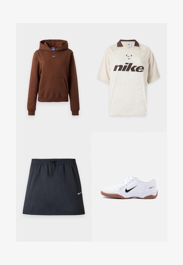 Brūna Nike kapuce ar kenguru kabatu, mazs balts Swoosh logo uz krūtīm, garām piedurknēm un kapuci pret vienkrāsainu fonu.; Gaiši bēša Nike īsroku krekls ar tumši brūnu apkakli un lielu tumši brūnu Nike logo priekšpusē.; Melnas sporta svārki ar elastīgu jostu un regulējamu auklu, ar mazu baltu Nike swoosh logotipu labajā pusē.; Balts Nike Total 90 III telpu futbola apavu ar melnu swoosh logotipu un gumijas zoli, redzams no sāniem uz vienkārša fona.