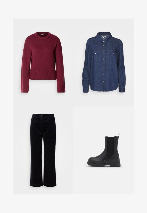 Suéter de punto burdeos con cuello redondo, mangas largas y dobladillo acanalado. La tela parece suave y texturada.; ONLY ONLLINETTE SHIRT - Blusa - dark blue denim; Pantalones de pana negra de corte recto con cierre de botón y cremallera, trabillas para cinturón y bolsillos laterales sobre un fondo blanco.; Botas de tobillo negras con un upper de cuero suave, paneles laterales elásticos, suela de goma gruesa y una lengüeta en la parte trasera para facilitar su uso.