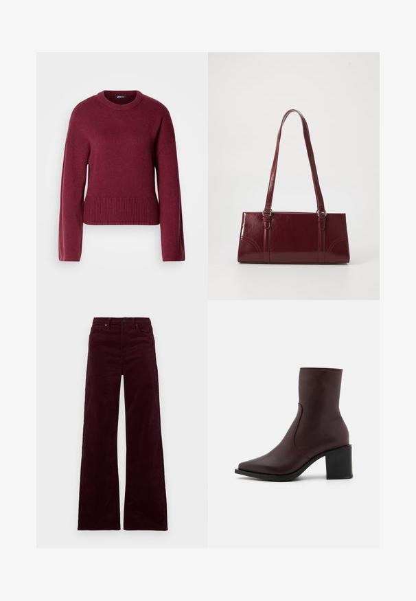 Pull en tricot bordeaux avec un col rond, des manches longues et un ourlet côtelé. Le tissu semble doux et texturé.; Pantalon large en velours côtelé bordeaux à taille haute, doté d'une fermeture éclair, d'un bouton et de poches latérales. Texture lisse avec des côtes verticales.; Zign by Zalando LEATHER - Bottines - bordeaux; Sac à main bordeaux en matériau brillant, de forme rectangulaire, avec deux anses et des accents légèrement courbés à l'avant.