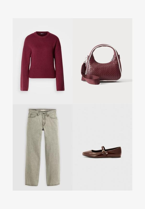 Burgunder strikket sweater med rund halsudskæring, lange ærmer og ribbet kant. Stoffet ser blødt og struktureret ud.; Lys grå straight-leg jeans med frontlukkede knap og lynlås, bæltestropper og fem-lomme design.; Brun patentlæder balletflade med firkantet tå og strop med en lille guldbuckle. Glat tekstur, lav hæl og minimalistisk design.; Mørkerød vævet lædertaske med buet hank, hvid kant, sølv lynlås og aftagelig bred stofskulderrem mod en ensfarvet baggrund.