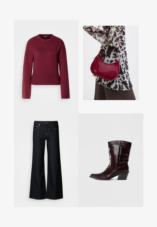 Pull en tricot bordeaux avec un col rond, des manches longues et un ourlet côtelé. Le tissu semble doux et texturé.; Jean en denim foncé à jambes larges avec une taille haute, un design à cinq poches et une couture contrastée jaune le long des coutures.; Bottines en cuir bourgogne avec un bout pointu, une surface texturée et un petit talon effilé. Présente une couture discrète et un ajustement confortable.; Femme portant un chemisier à motif noir et blanc tenant un sac à main rouge brillant sur un fond uni.
