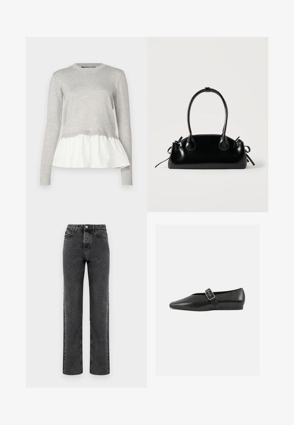 Haut à manches longues gris avec un haut en tricot texturé et un bas en peplum blanc superposé et doux. Encolure et poignets côtelés.; Jeans droit en denim gris avec une finition délavée, design à cinq poches et fermeture à bouton. Présente une couture classique le long des coutures.; Chaussure plate en cuir noir avec un orteil pointu, présentant une sangle à boucle métallique sur le cou-de-pied et une semelle basse et flexible.; Petit sac à main noir brillant avec deux longues anses et des détails à cordon sur les côtés sur un fond clair uni.