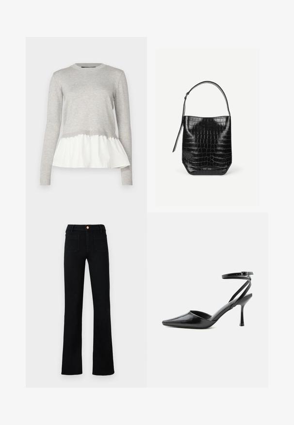 Haut à manches longues gris avec un haut en tricot texturé et un bas en peplum blanc superposé et doux. Encolure et poignets côtelés.; Jean droit noir taille haute avec poches avant plaquées et fermeture à bouton en cuivre sur un fond neutre.; Escarpin noir à bout pointu avec fines brides de cheville et fermeture à boucle argentée sur fond clair uni.; Sac seau en cuir embossé noir façon croco avec une seule bandoulière et un petit logo argenté de la marque au centre en bas à l'avant.