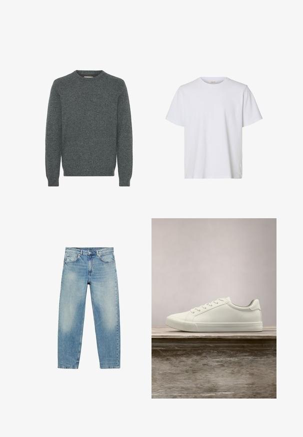 Grå crew-neck sweater lavet af struktureret strikket stof. Har lange ærmer samt ribber i ærmekanterne og forneden. Ingen mønstre eller fremtrædende detaljer.; Enkelt hvid kortærmet T-shirt med rund hals, almindelig pasform og glat stofstruktur, vist på en hvid baggrund.; Blå straight-leg denim jeans med forlommer og bæltestropper, der viser let falmede detaljer på lår og knæ.; Hvide snørresneakers svævende over en træbænk med grønne planter i baggrunden, der fremhæver skodesign og tekstur.