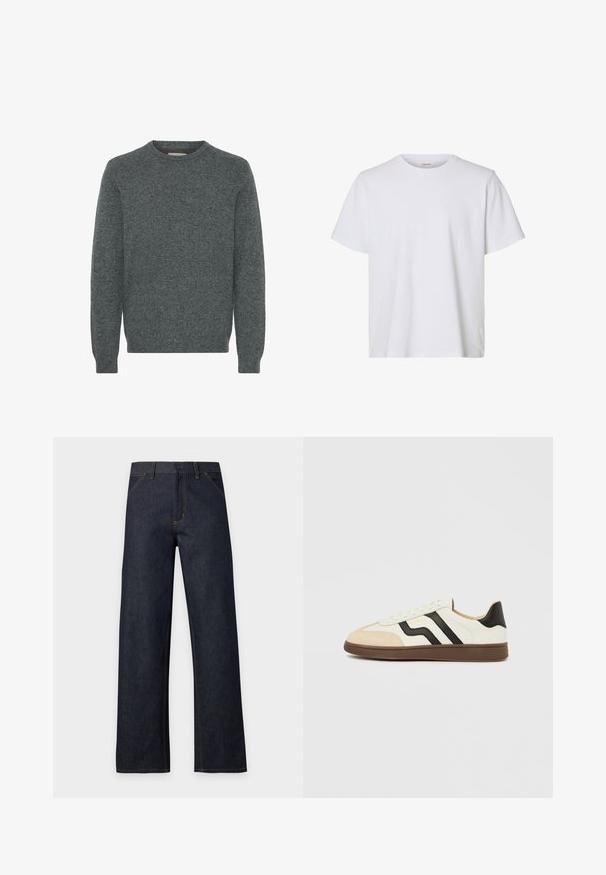 Grå crew-neck sweater lavet af struktureret strikket stof. Har lange ærmer samt ribber i ærmekanterne og forneden. Ingen mønstre eller fremtrædende detaljer.; Enkelt hvid kortærmet T-shirt med rund hals, almindelig pasform og glat stofstruktur, vist på en hvid baggrund.; Mørkeblå vidde jeans med gule syninger, knaplukning foran, bæltestropper og forlommer, vist på en ensfarvet baggrund.; Hvid læder sneakers med sorte striber og tan ruskind tækkappe. Gummisål i mørkebrun. Snørebånd og polstret krave fuldender designet.
