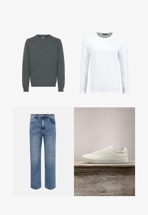 Sivý sveter s crew-neck výstrihom vyrobený z textúrovanej pleteniny. Má dlhé rukávy a rebrované manžety a lem. Bez vzorov alebo výrazných akcentov.; Biela dlhá tričko s dlhým rukávom vyrobené z bavlny, s okrúhlym výstrihom a hladkou textúrou. Bez vzorov a akcentov. Jednoduchý dizajn.; Modré riflové nohavice s priamym strihom, prednými vreckami, pútkami na opasok, zapínaním na gombík a vyblednutým vzhľadom.; Biele šnurovacie tenisky sa vznášajú nad drevenou lavicou so zeleným porastom v pozadí, predvádzajúc design a textúru topánok.