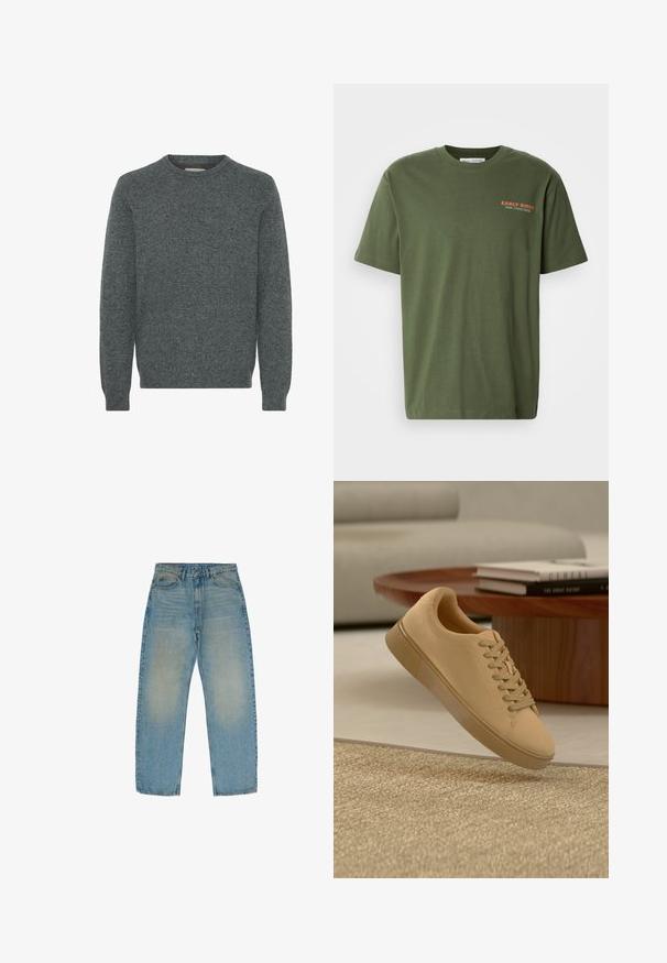 Grå crew-neck sweater lavet af struktureret strikket stof. Har lange ærmer samt ribber i ærmekanterne og forneden. Ingen mønstre eller fremtrædende detaljer.; Oliven grøn bomulds t-shirt med korte ærmer og rund halsudskæring. Har teksten "EARLY BIRDS" i orange på brystet. Glat tekstur.; Lyseblå lige ben jeans lavet af denim, med en falmet tekstur og en medium vask, fem lommer og lynlås.; Beige snørestøvler, der svæver over et tekstureret tæppe med et træ sofabord og stablede bøger i en sløret baggrund.