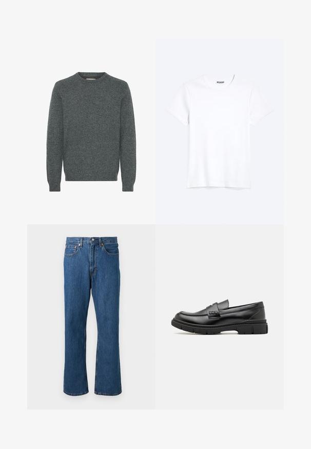 Sivý sveter s crew-neck výstrihom vyrobený z textúrovanej pleteniny. Má dlhé rukávy a rebrované manžety a lem. Bez vzorov alebo výrazných akcentov.; Jednoduché biele tričko s krátkym rukávom a okrúhlym výstrihom s viditeľnou značkou WEEKDAY na golieri, zobrazené na svetlom pozadí.; Modré džínsy s rovnou nohavicou, predným zapínaním na gombík a zips, piatimi vreckami a oranžovými švami na jednofarebnom pozadí.; Čierne kožené mokasíny so širokým pásikom cez priehlavok, gumová podrážka s hrubým dezénom a hladký povrch. Klasický, elegantný dizajn.