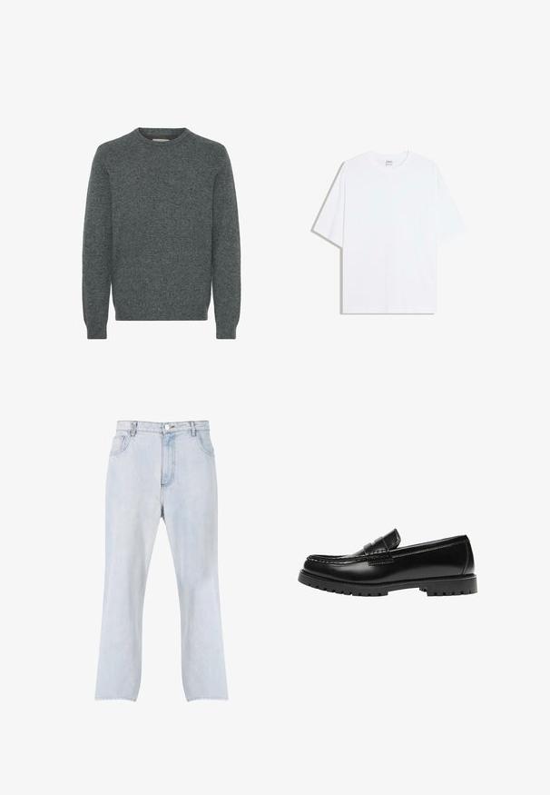 Pull gris à encolure ras du cou en tissu tricoté texturé. Il présente des manches longues et des poignets et un bas côtelés. Aucun motif ni accent distinct.; T-shirt oversize en coton blanc avec un col rond et des manches courtes ; texture lisse, sans motifs ni accents visibles.; Jean en denim bleu clair avec jambes droites, fermeture frontale par bouton et zip, et design à cinq poches.; Mocassin en cuir noir avec une semelle en caoutchouc épaisse et un détail classique de bride à monnaie, vu de côté extérieur.