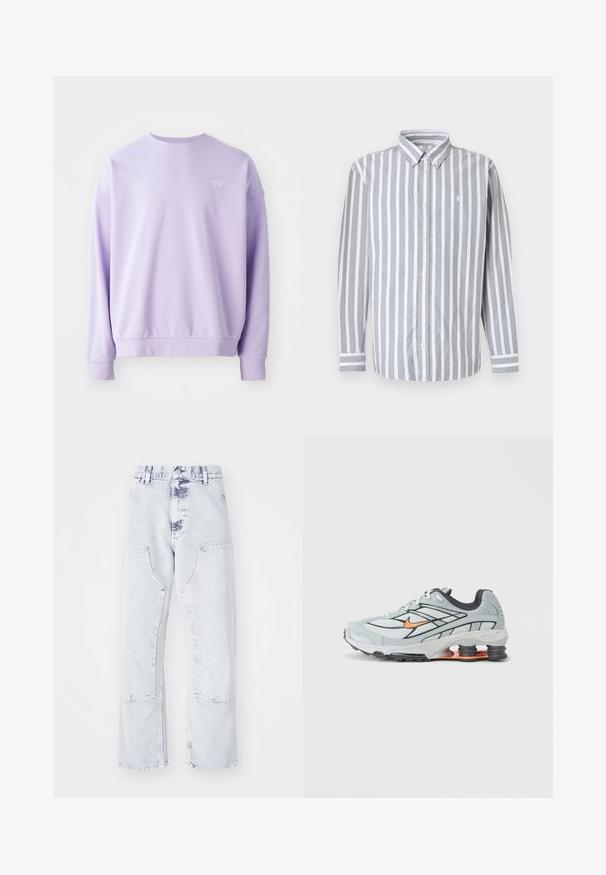 Helle lavendelfarbene Rundhals Sweatshirt, aus weichem Material. Mit gerippten Bündchen und Saum, sowie einem kleinen gestickten Nike-Logo auf der Vorderseite.; Herrenhemd zum Knöpfen mit grauen und weißen vertikalen Streifen, langen Ärmeln und einem kleinen Logo auf der Brust. Baumwollstoff, klassischer Kragen.; Hellblaue Denim-Jeans im Straight-Leg-Schnitt mit aufgesetzten Taschen, hoher Taille und einem verwaschenen Finish. Mit tonalem Nähen und einem lässigen Schnitt.; Hellgrauer Laufschuh mit schwarzen Akzenten, orangefarbenem Logo, Mesh-Obermaterial, gepolstertem Schaft und Gummisohle mit sichtbaren stoßdämpfenden Einheiten.