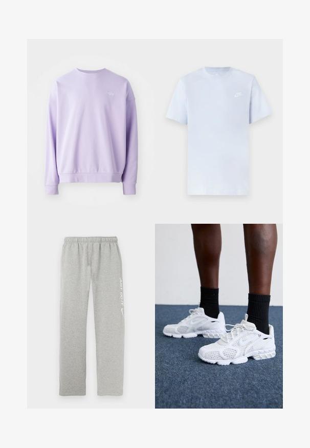 Helle lavendelfarbene Rundhals Sweatshirt, aus weichem Material. Mit gerippten Bündchen und Saum, sowie einem kleinen gestickten Nike-Logo auf der Vorderseite.; Hellblaue Baumwoll-T-Shirt mit kurzen Ärmeln, Rundhalsausschnitt und einem weißen Nike-Logo, das auf der linken Brust gedruckt ist. Glatte Textur, schlichtes Design.; Graue Jogginghose aus weichem Material mit elastischem Bund. Auf einem Bein befinden sich der weiße Schriftzug "JUST DO IT" und das Nike-Swoosh-Logo.; Weiße Sportschuhe mit Mesh-Obermaterial, strukturierten Akzenten und gepolsterter Sohle. Kombieirt mit schwarzen gerippten Knöchelsocken auf einer blauen Teppichoberfläche.