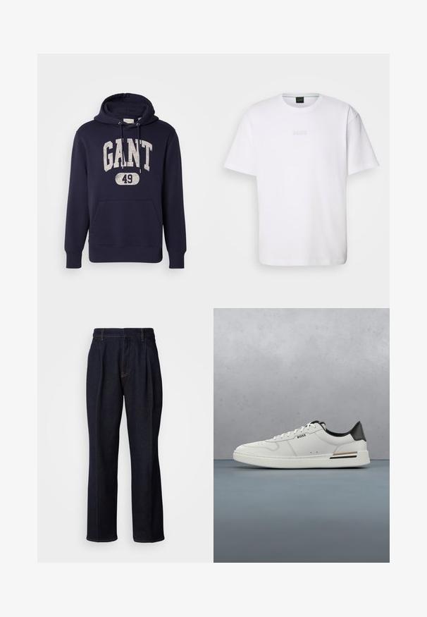 Námornícky modrá mikina s kapucňou vyrobená z bavlnenej zmesi. Obsahuje predné klokanie vrecko, textúrovaný biely potlač "GANT 49" a šnúrku na kapucni.; Biela bavlnená tričko s krátkymi rukávmi, okrúhlym výstrihom a razeným logom "BOSS" na hrudi. Hladká textúra, štandardný strih.; Tmavomodré nohavice z denimu s širokými nohavicami, predným skladom a oranžovým prešívaním, zobrazené na bielom pozadí.; Biele nízke tenisky s čiernou pätou, viazaním, jemnými perforáciami a logom "BOSS" na boku, zobrazené z vonkajšieho profilu.
