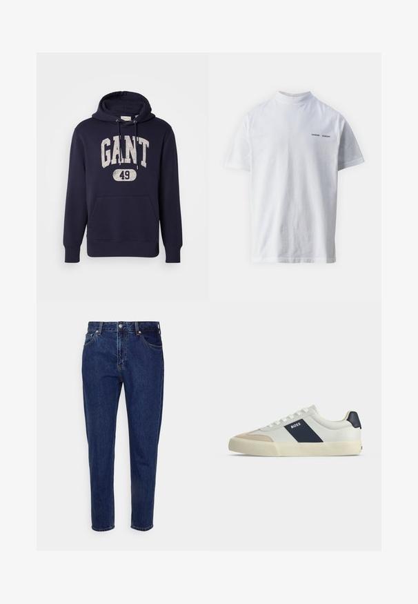 Sudadera con capucha azul marino hecha de una mezcla de algodón. Presenta un bolsillo frontal tipo canguro, un estampado texturizado en blanco "GANT 49" y capucha con cordón.; Camisa de algodón blanca con un cuello alto y mangas cortas. Presenta el logo "SAMSØE SAMSØE" en negro en la parte delantera. Textura suave.; Vaqueros de mezclilla azul oscuro de corte recto, con cierre frontal de botón y cremallera, trabillas para cinturón y bolsillos delanteros y traseros.; Zapatilla blanca de caña baja con puntera beige, franja lateral azul marino con etiqueta BOSS, cordones blancos y suela de goma sobre fondo neutro.
