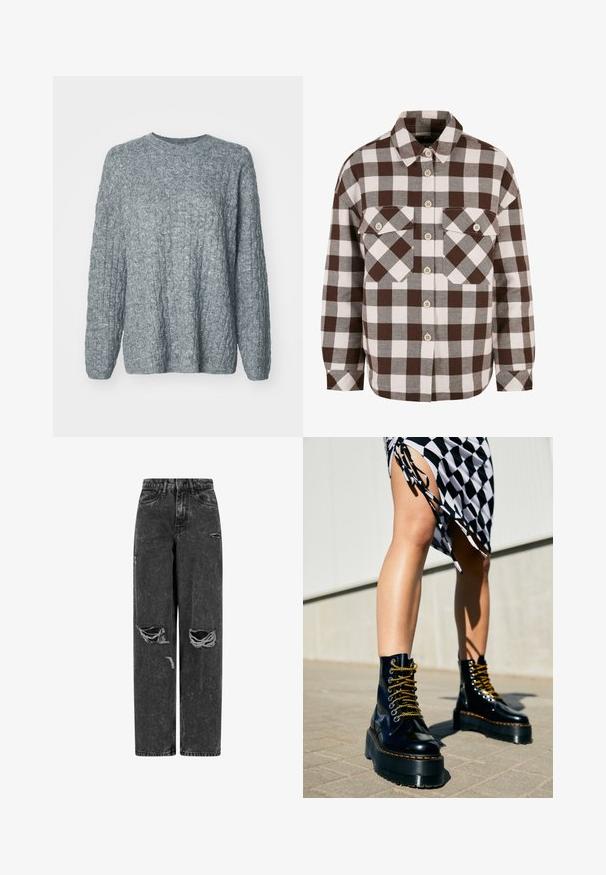 Pull en tricot gris avec un design texturé et côtelé. Encolure ras du cou et manches longues. Fabriqué à partir d'un matériau doux et de poids moyen.; Chemise à carreaux marron et blanc avec deux poches poitrine, dotée d'un col classique et d'une fermeture à boutons sur le devant. Texture de tissu douce.; Jean noir taille haute, large, avec des genoux déchirés et des détails usés sur fond blanc.; Bottes plateformes en cuir noir avec des semelles épaisses, des lacets dorés et des coutures orange, assorties à une jupe à carreaux mettant en valeur une fente sur le côté.